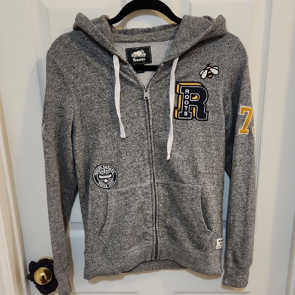 Roots Gray Zip-Up Hoodie With Patches